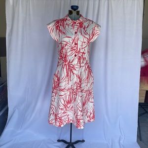 1980's Abstract Vintage Red Coral and White Day Dress